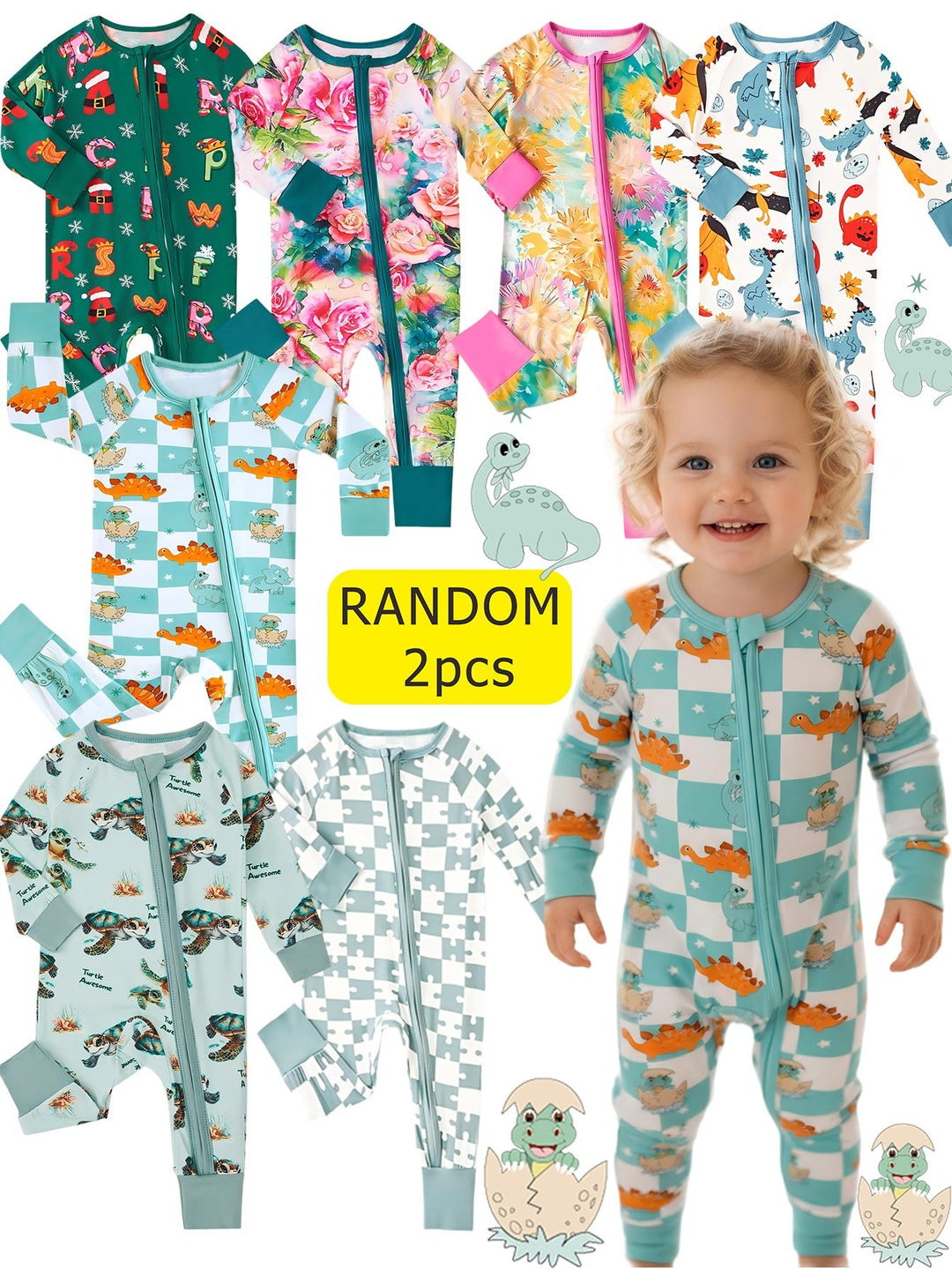 Mossriver 2pcs Random Bamboo Zip Baby Romper Soft Stretchy Breathable - MOSSRIVER