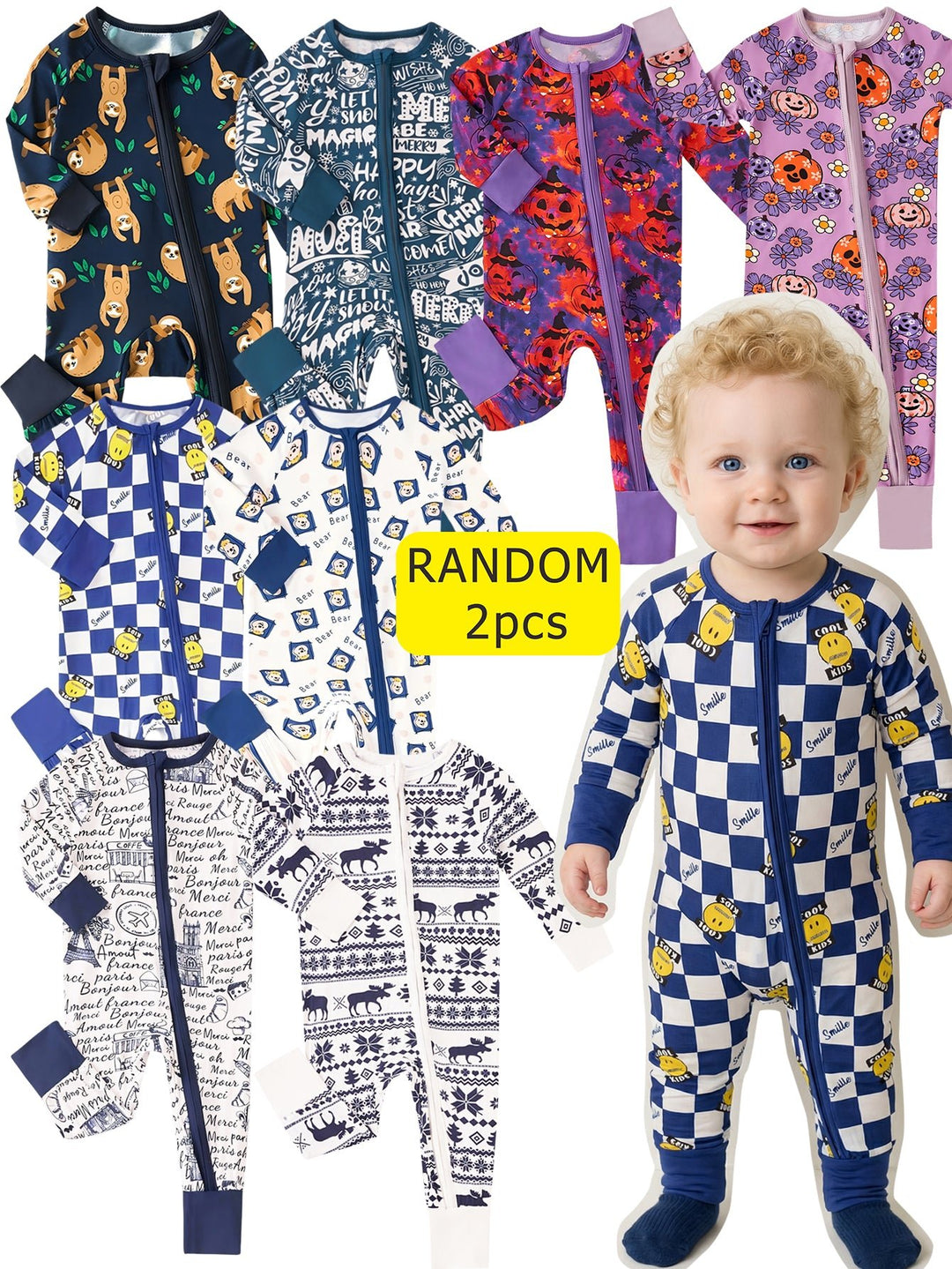 Mossriver 2pcs Random Bamboo Zip Baby Romper Soft Stretchy Breathable - MOSSRIVER