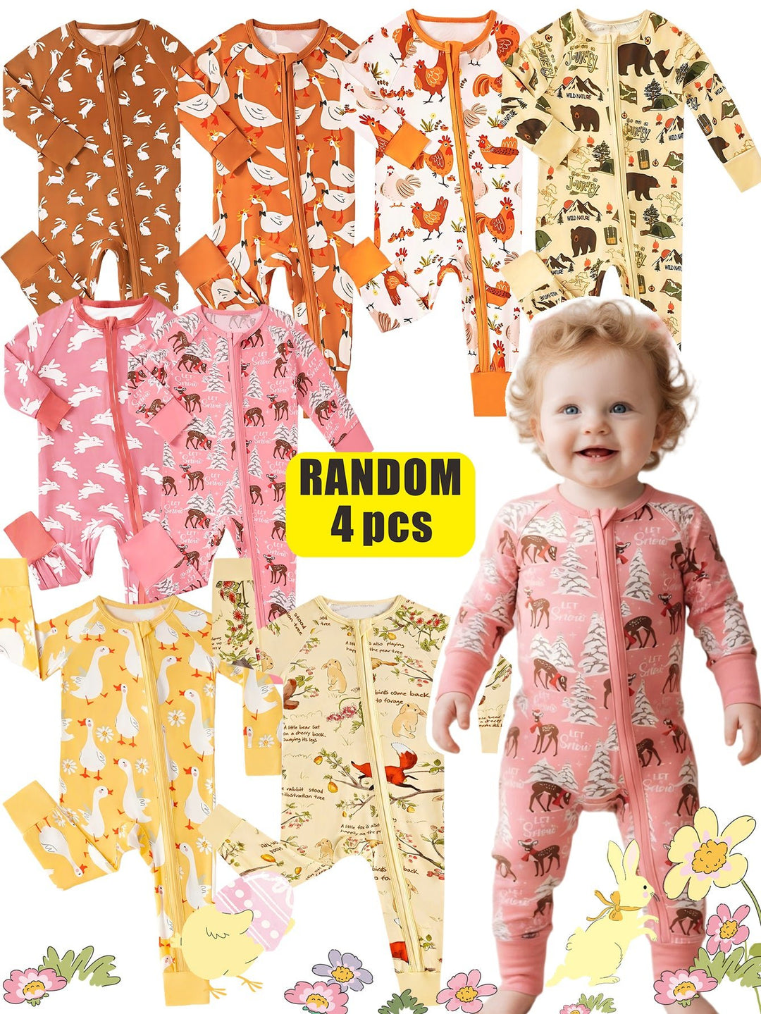 Mossriver 2pcs Random Bamboo Zip Baby Romper Soft Stretchy Breathable - MOSSRIVER