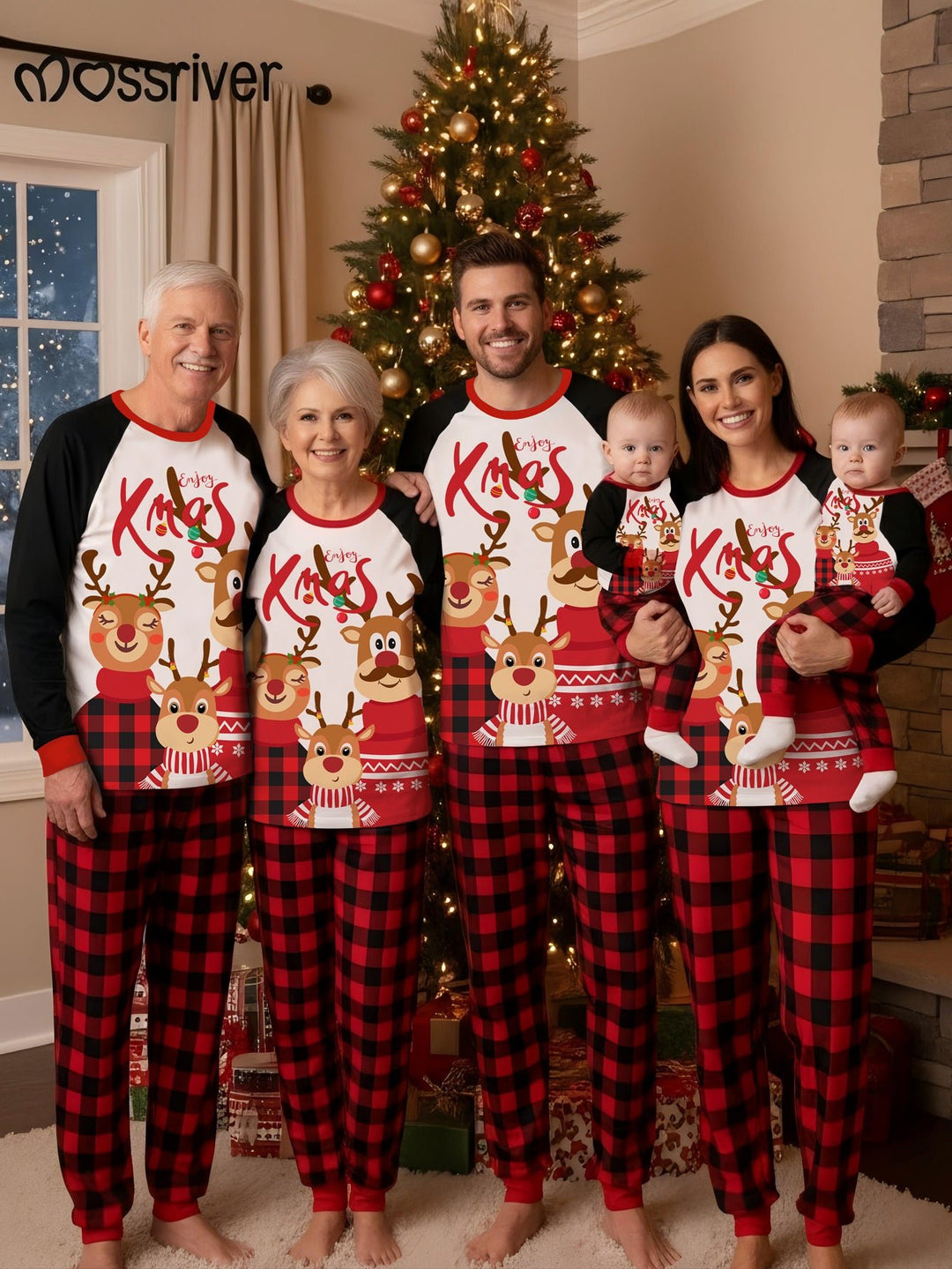 MOSSRIVER Christmas Family Matching Soft Reindeer Family Print PJS - MOSSRIVER