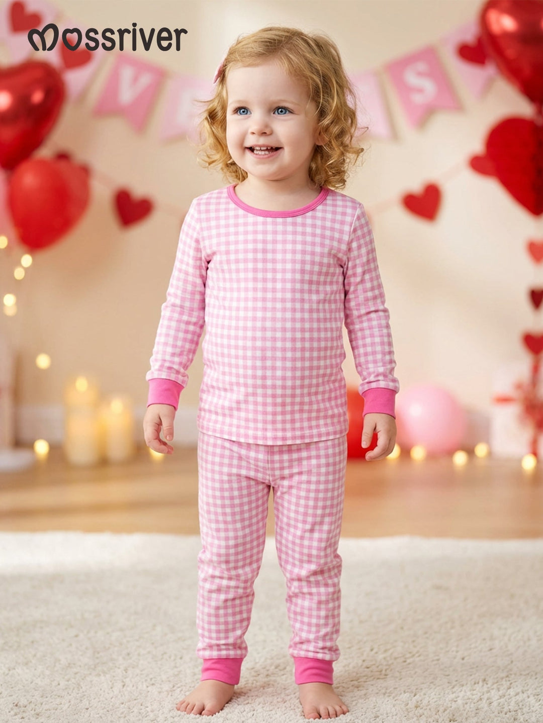 Pink Gingham Long - Sleeve Girls Pajamas Two - Piece - MOSSRIVER