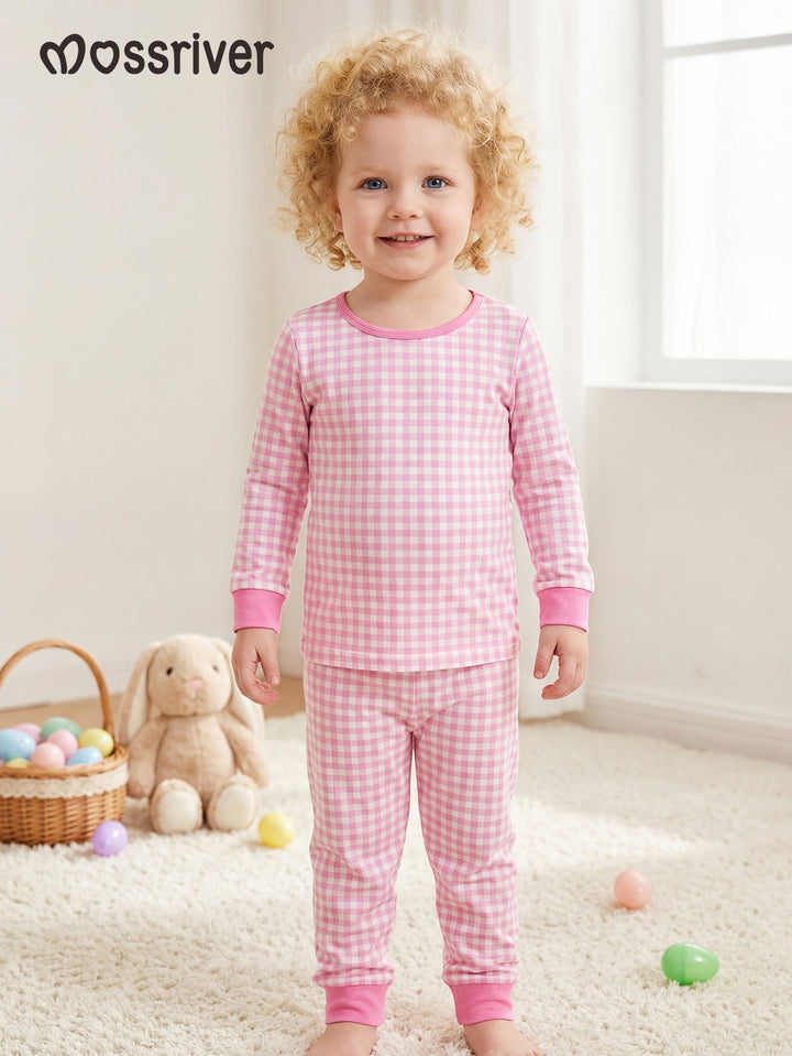 Pink Gingham Long - Sleeve Girls Pajamas Two - Piece - MOSSRIVER