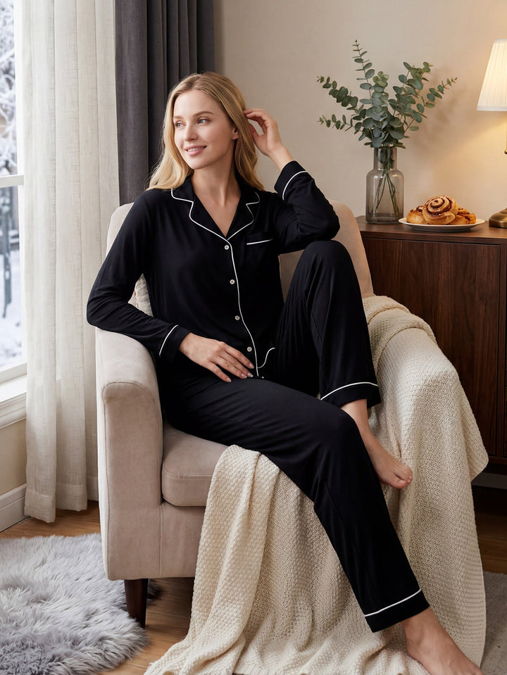 Plain Women's Short - Sleeve Long Pajama Set - MOSSRIVER