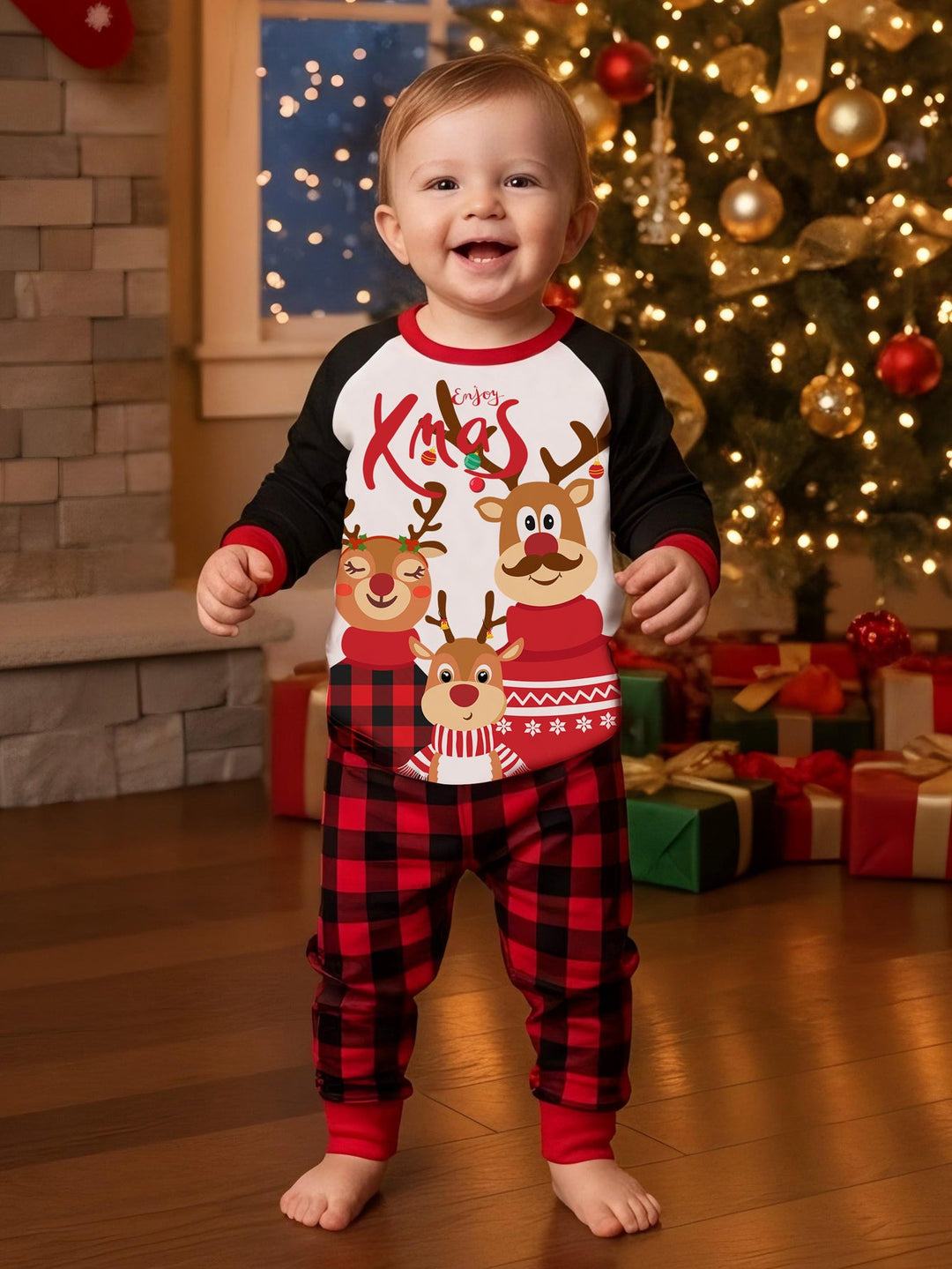 Reindeer Family Print Long - Sleeve Kid's Two - Piece - MOSSRIVER