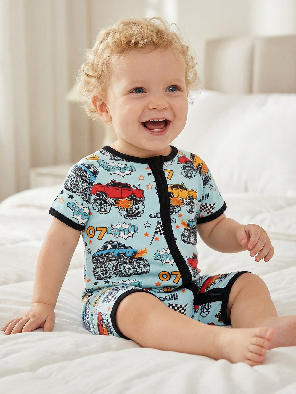 Short - Sleeve Baby One - Piece Monster Truck Print Double Zipper - MOSSRIVER
