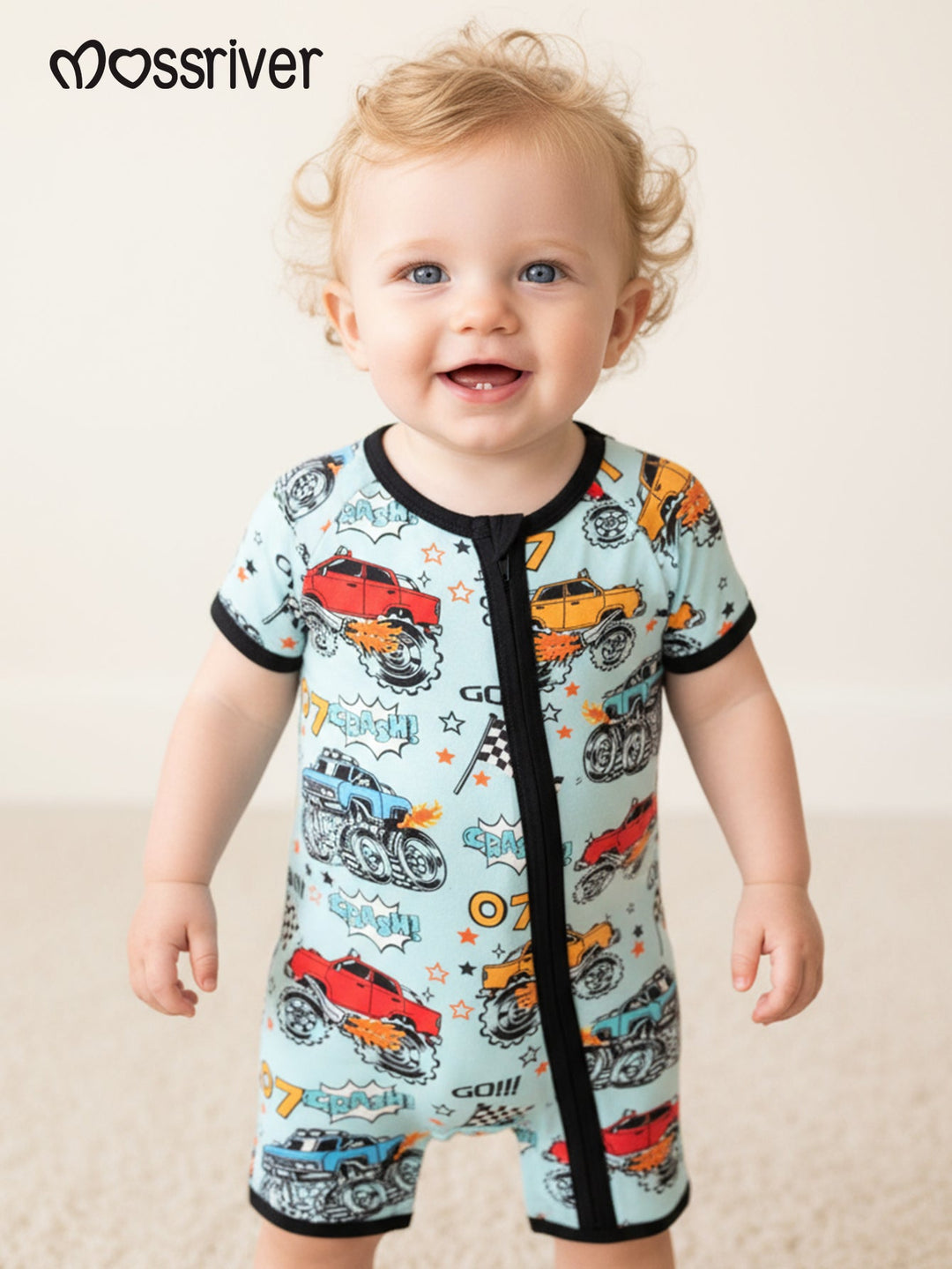Short - Sleeve Baby One - Piece Monster Truck Print Double Zipper - MOSSRIVER