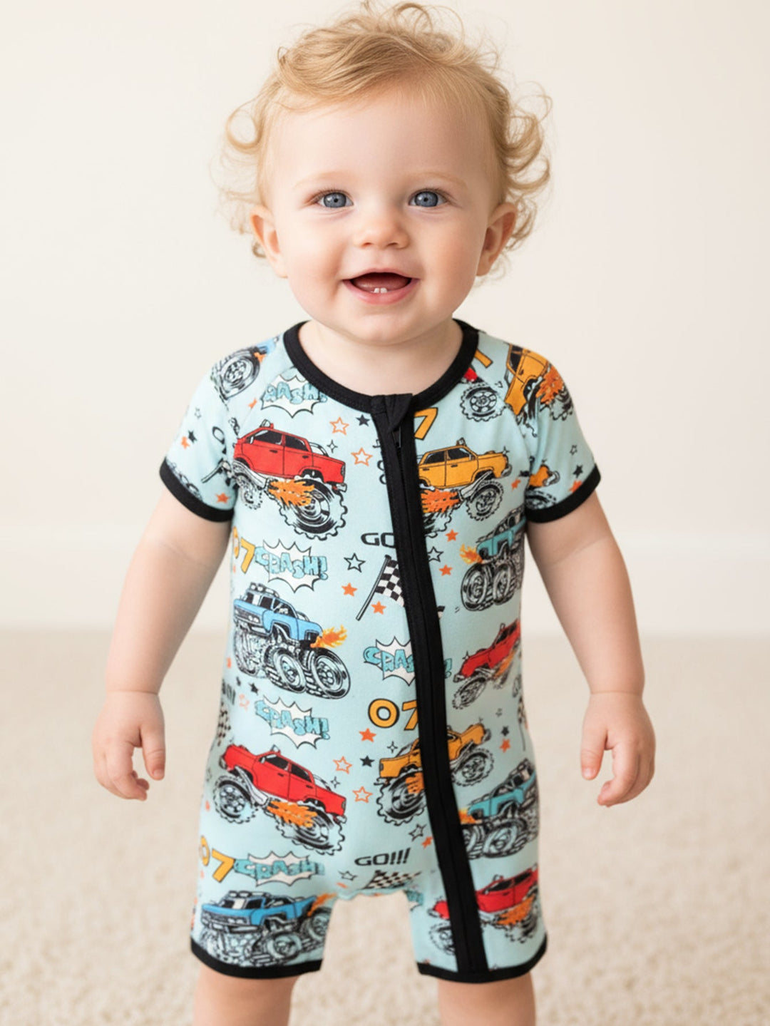 Short - Sleeve Baby One - Piece Monster Truck Print Double Zipper - MOSSRIVER