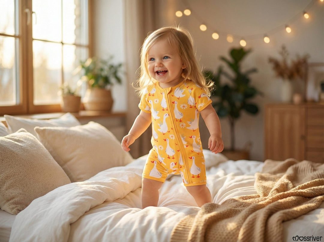 Short - Sleeve Baby One - Piece Swan Print Zipper - MOSSRIVER