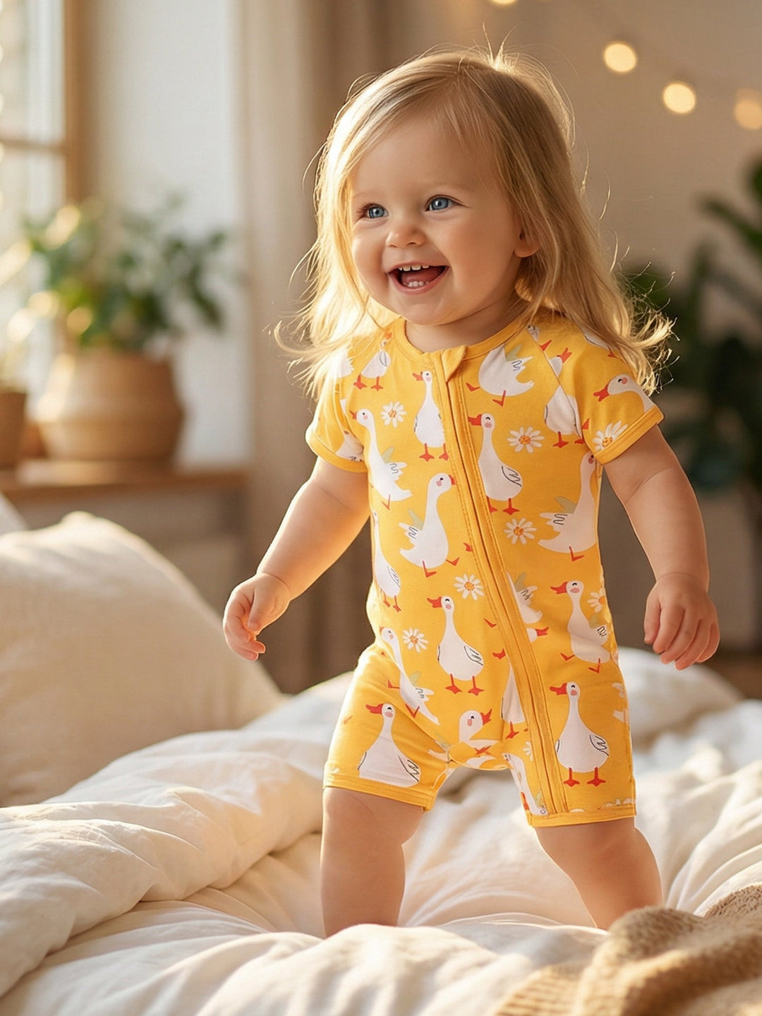 Short - Sleeve Baby One - Piece Swan Print Zipper - MOSSRIVER