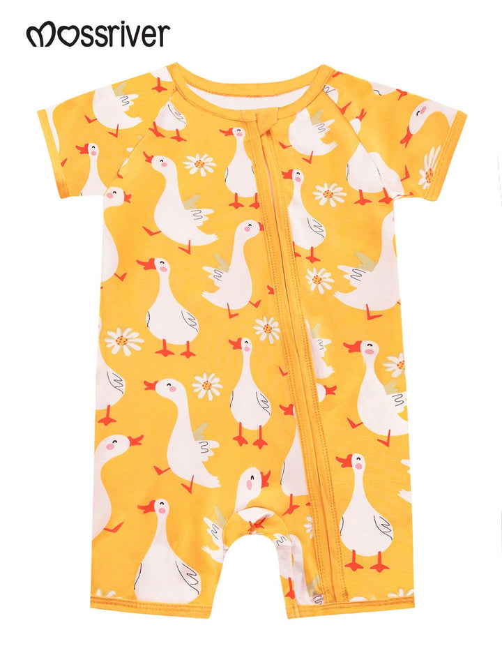 Short - Sleeve Baby One - Piece Swan Print Zipper - MOSSRIVER
