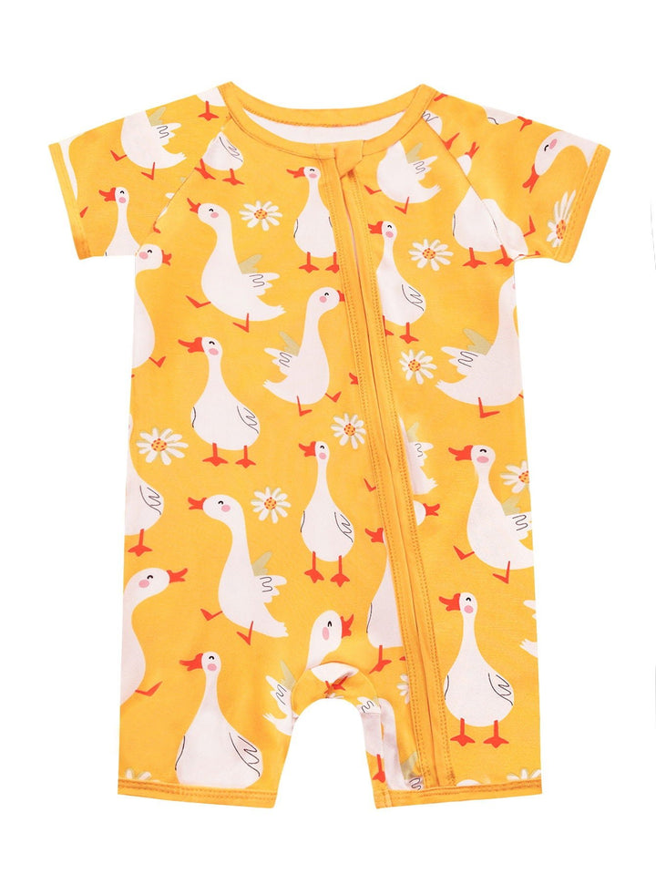 Short - Sleeve Baby One - Piece Swan Print Zipper - MOSSRIVER