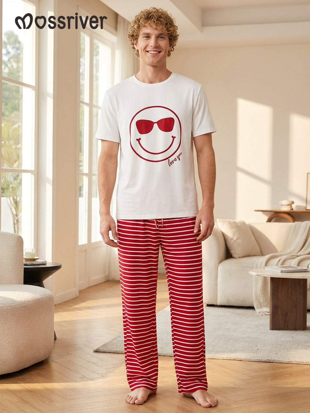 Soft Basic Men's Short - Sleeve Lounge Set (Striped) - MOSSRIVER