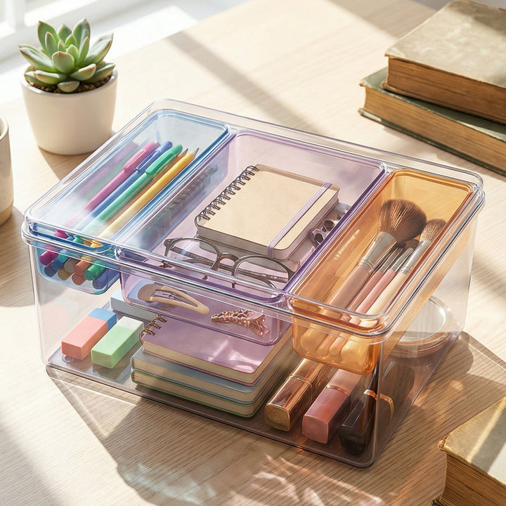 Stackable Plastic Storage Box with Color Trays for Home & Office - MOSSRIVER