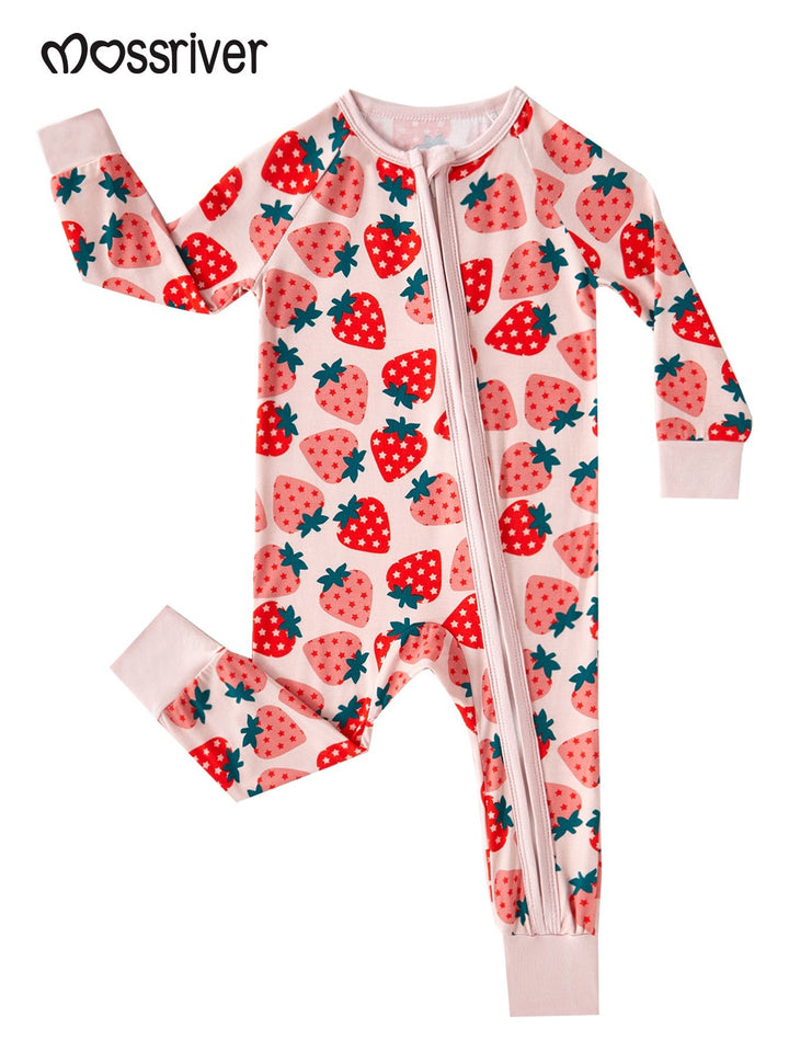 Strawberry Print Baby One - Piece Long - Sleeve Double Zipper - MOSSRIVER