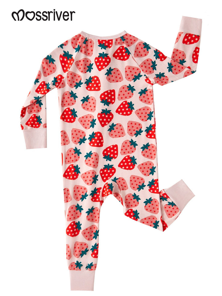 Strawberry Print Baby One - Piece Long - Sleeve Double Zipper - MOSSRIVER