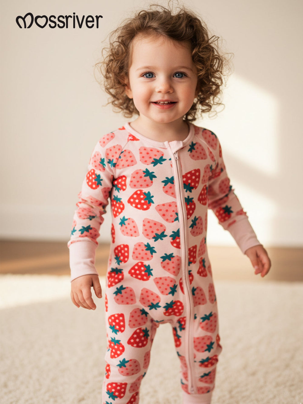 Strawberry Print Baby One - Piece Long - Sleeve Double Zipper - MOSSRIVER