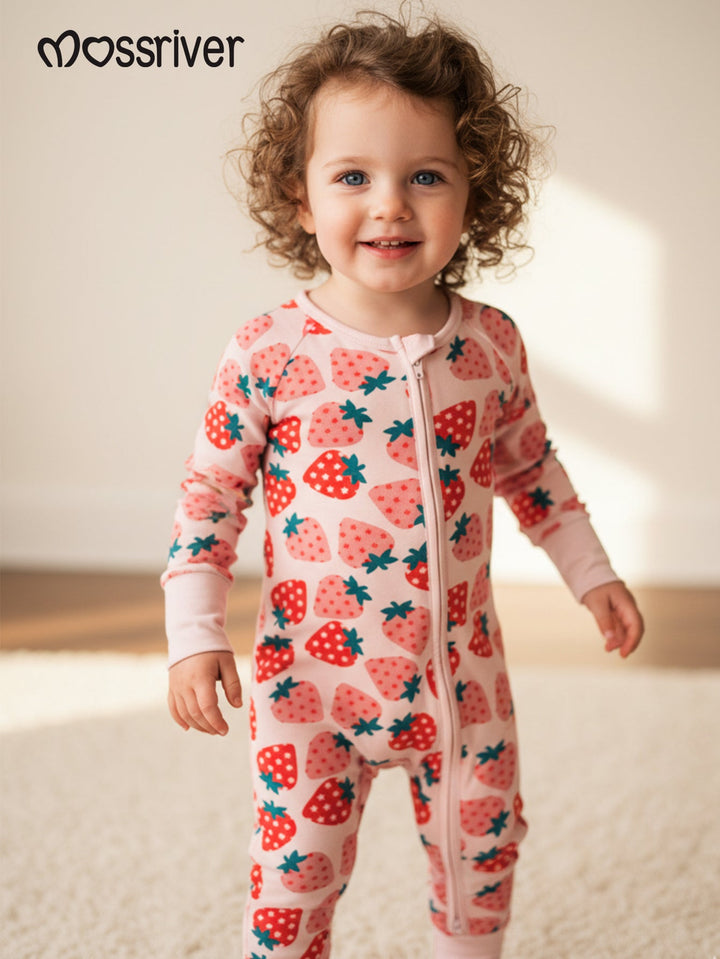 Strawberry Print Baby One - Piece Long - Sleeve Double Zipper - MOSSRIVER
