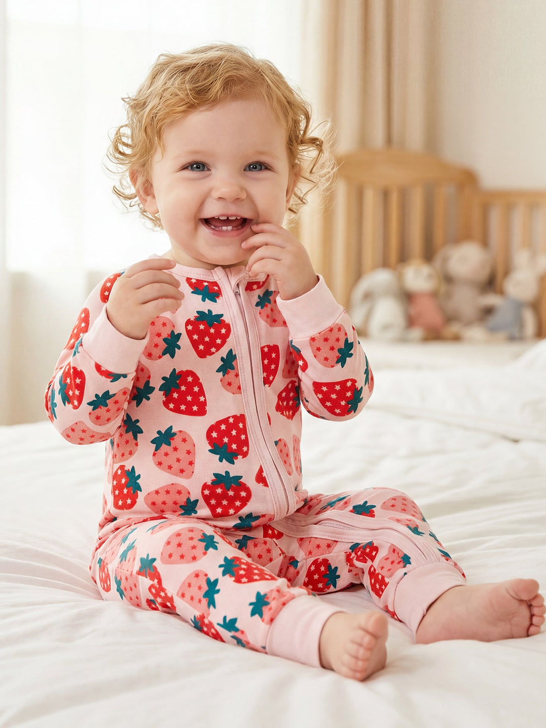 Strawberry Print Baby One - Piece Long - Sleeve Double Zipper - MOSSRIVER