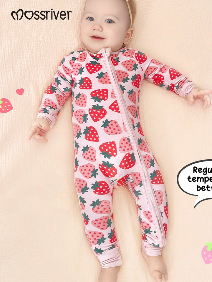Strawberry Print Baby One - Piece Long - Sleeve Double Zipper - MOSSRIVER