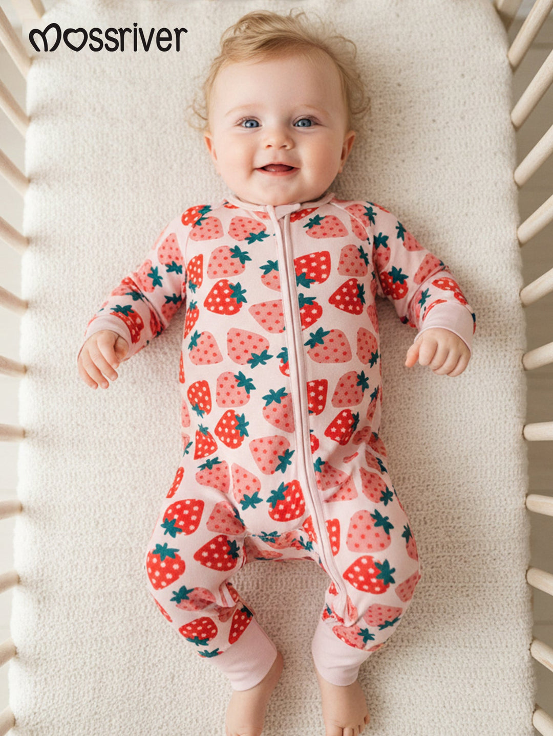 Strawberry Print Baby One - Piece Long - Sleeve Double Zipper - MOSSRIVER