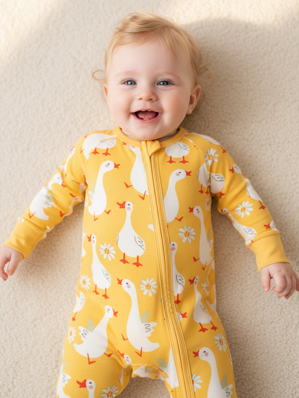 Swan Print Bamboo Long - Sleeve Baby One - Piece Footies Mitten Double - Zipper - MOSSRIVER