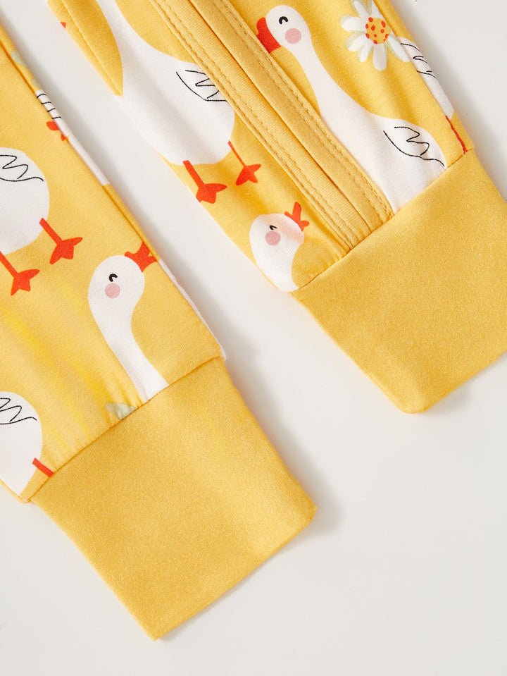 Swan Print Bamboo Long - Sleeve Baby One - Piece Footies Mitten Double - Zipper - MOSSRIVER