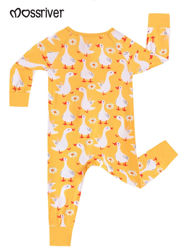 Swan Print Bamboo Long - Sleeve Baby One - Piece Footies Mitten Double - Zipper - MOSSRIVER