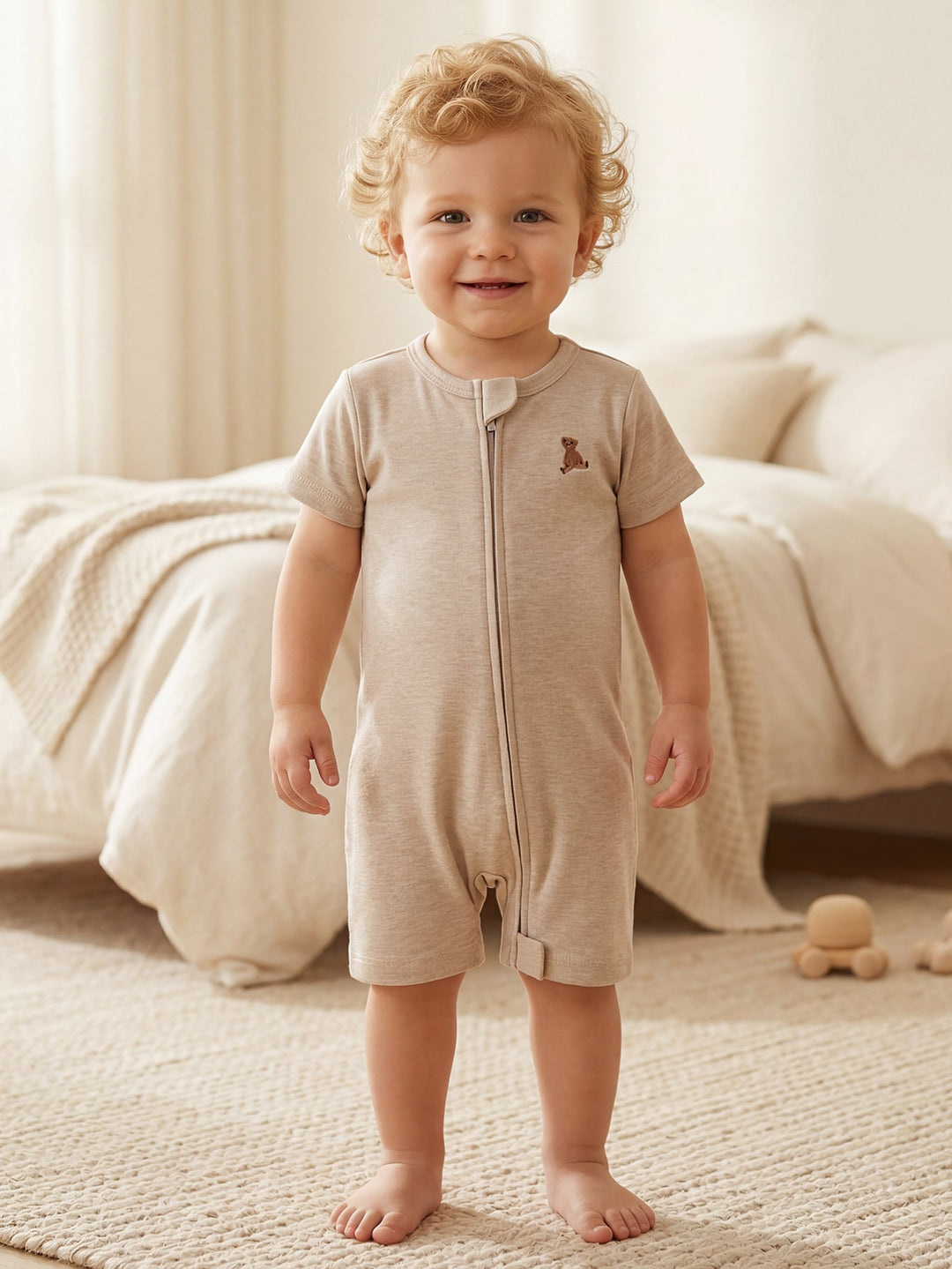 Teddy Bear Embroidered Baby Zip Short Sleeve Romper | Soft Neutral Toddler Bodysuit - MOSSRIVER