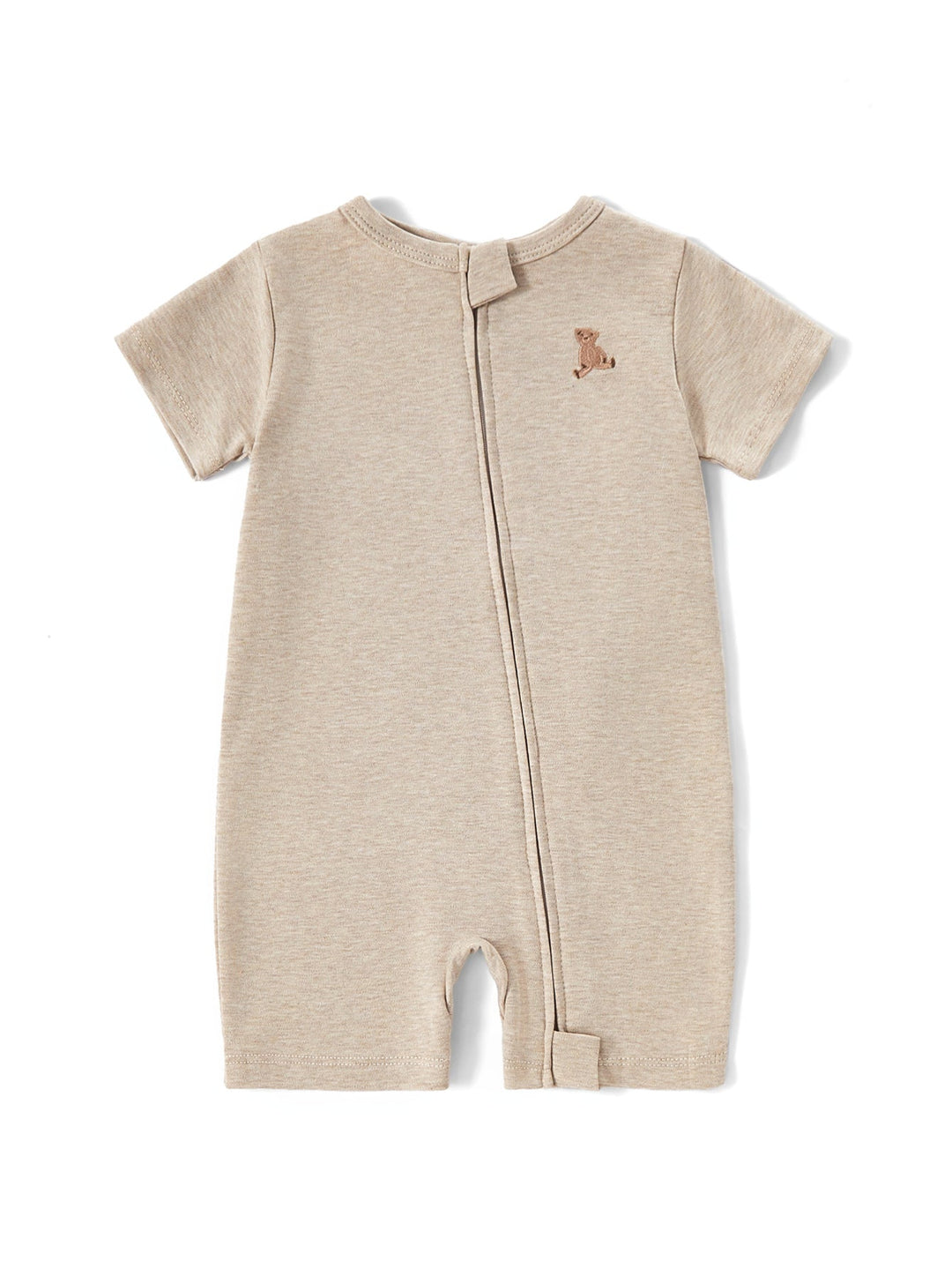 Teddy Bear Embroidered Baby Zip Short Sleeve Romper | Soft Neutral Toddler Bodysuit - MOSSRIVER