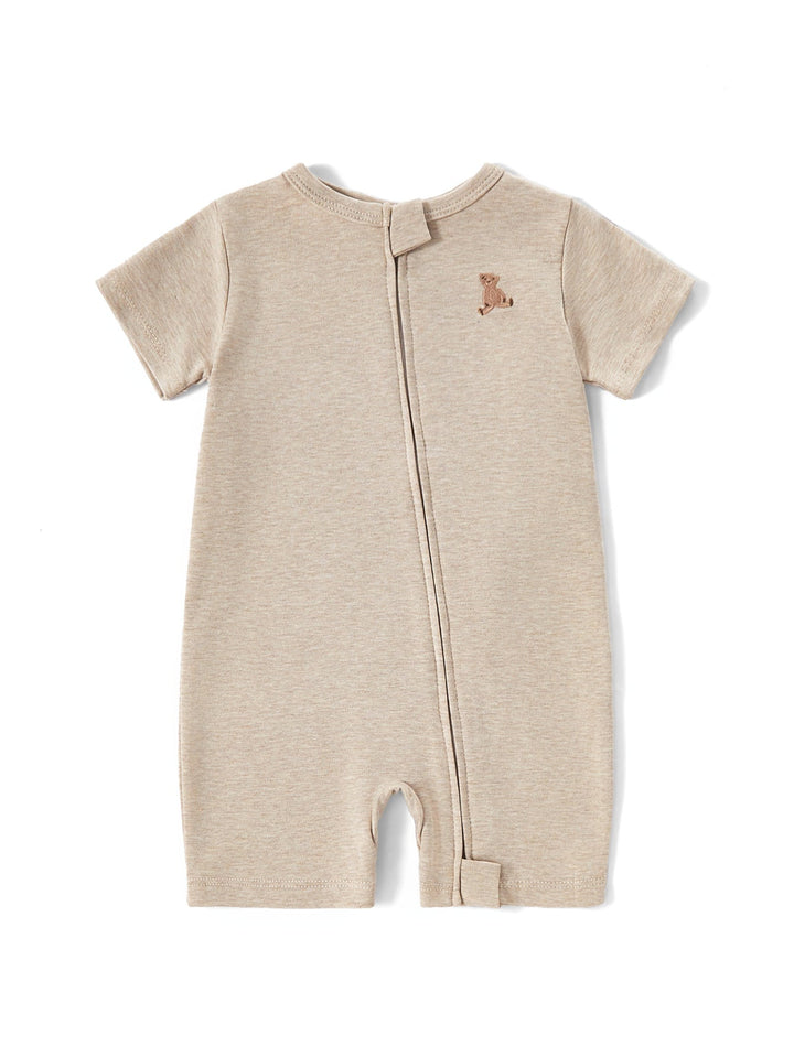 Teddy Bear Embroidered Baby Zip Short Sleeve Romper | Soft Neutral Toddler Bodysuit - MOSSRIVER