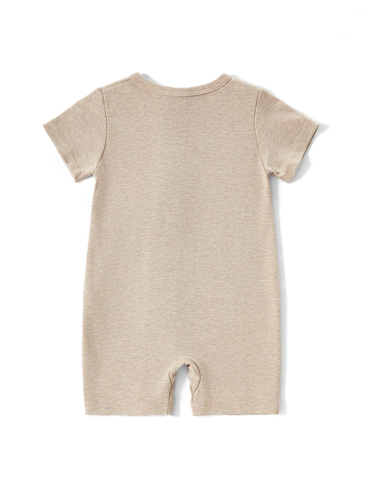 Teddy Bear Embroidered Baby Zip Short Sleeve Romper | Soft Neutral Toddler Bodysuit - MOSSRIVER