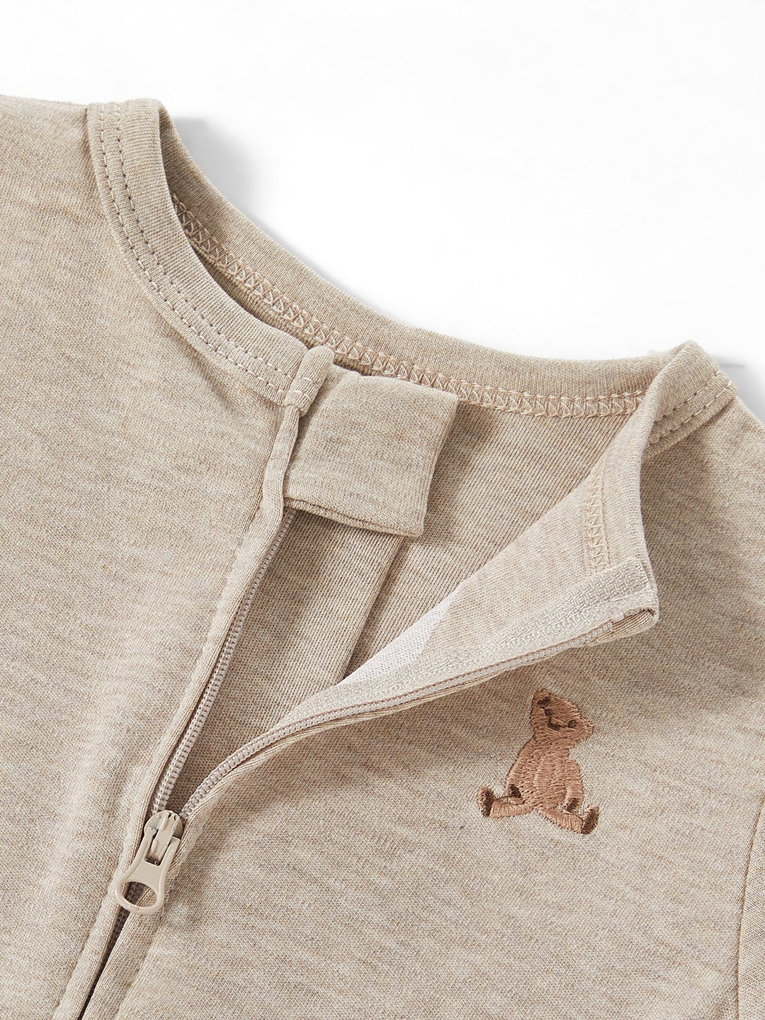 Teddy Bear Embroidered Baby Zip Short Sleeve Romper | Soft Neutral Toddler Bodysuit - MOSSRIVER