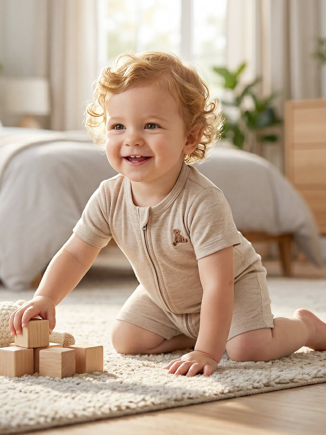 Teddy Bear Embroidered Baby Zip Short Sleeve Romper | Soft Neutral Toddler Bodysuit - MOSSRIVER