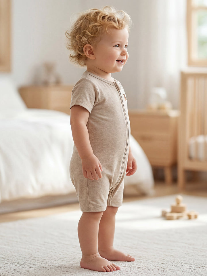 Teddy Bear Embroidered Baby Zip Short Sleeve Romper | Soft Neutral Toddler Bodysuit - MOSSRIVER