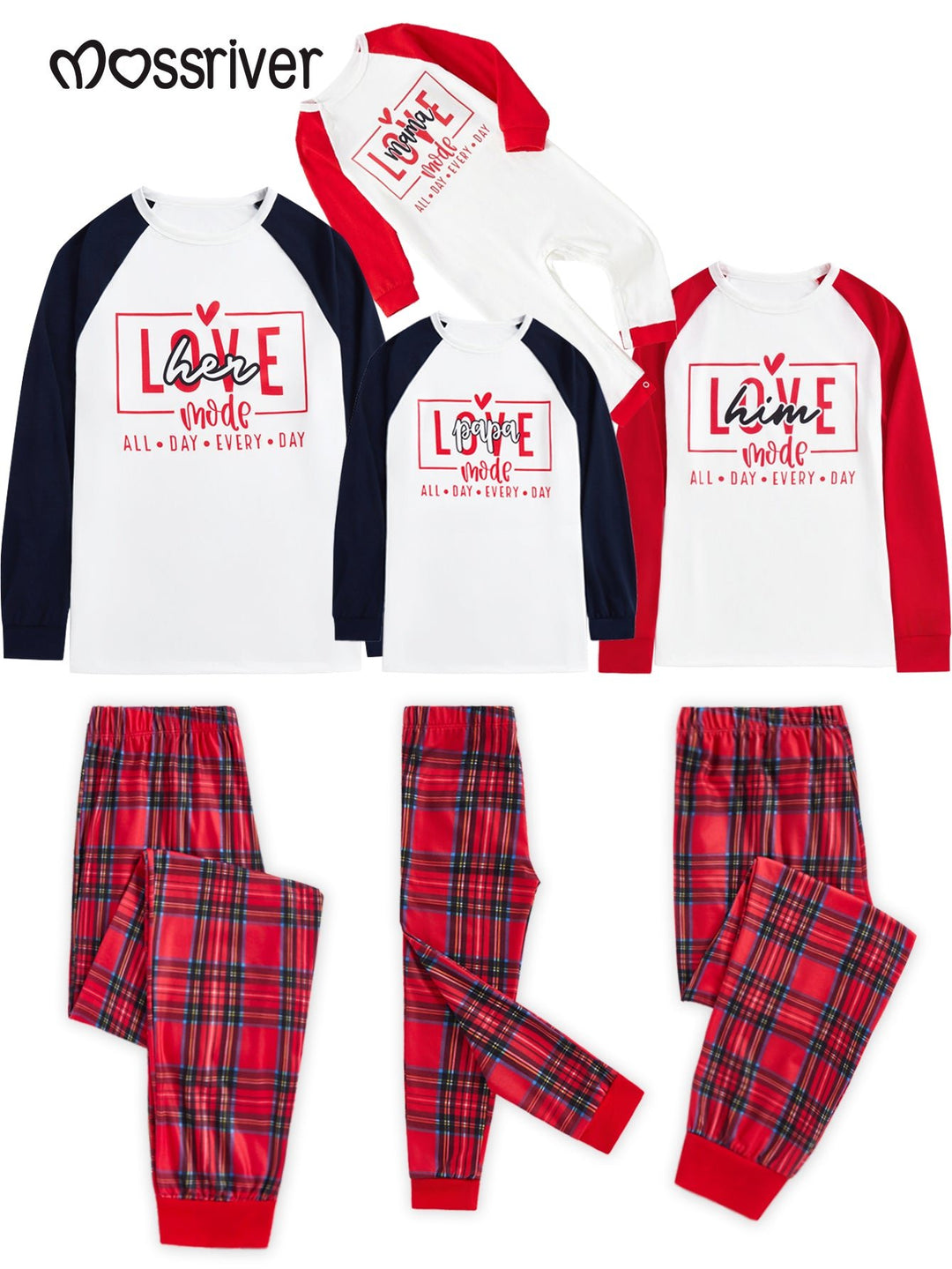 Valentine's Day family - themed long - sleeved pajamas, featuring the design of LOVE, heart, and grid pattern - MOSSRIVER