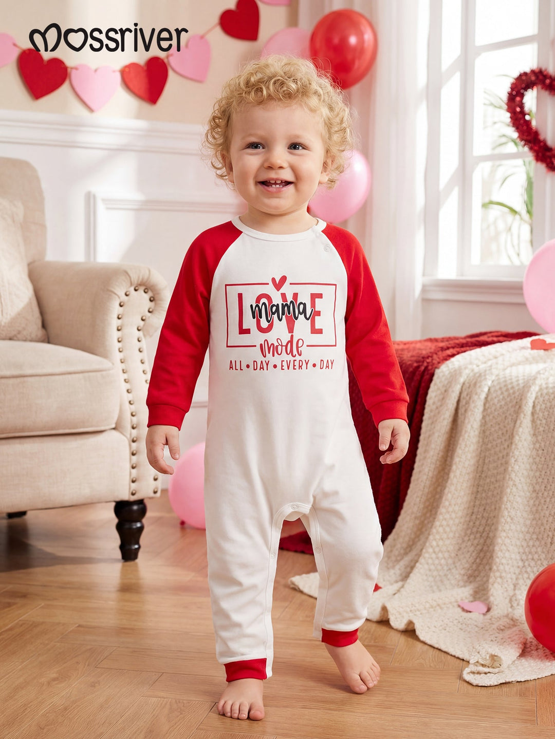 Valentine's Day family - themed long - sleeved pajamas, featuring the design of LOVE, heart, and grid pattern - MOSSRIVER