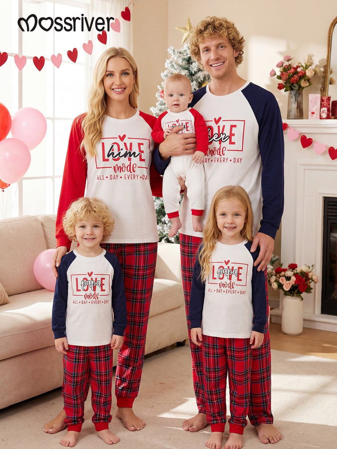 Valentine's Day family - themed long - sleeved pajamas, featuring the design of LOVE, heart, and grid pattern - MOSSRIVER