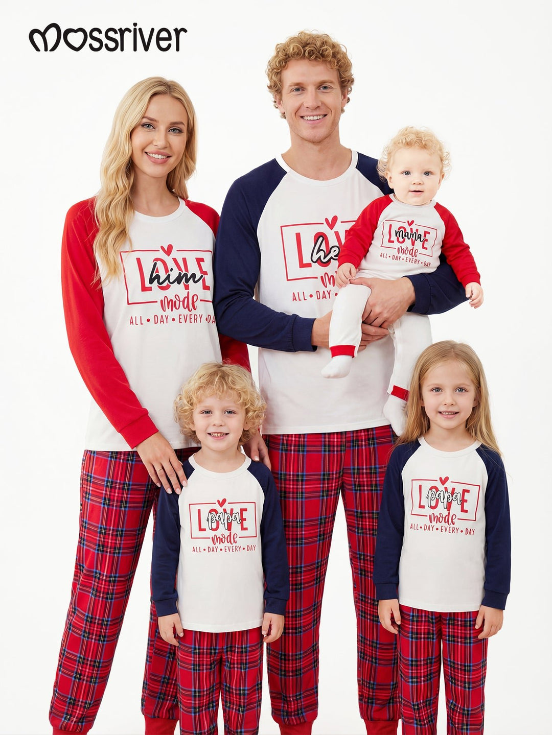 Valentine's Day family - themed long - sleeved pajamas, featuring the design of LOVE, heart, and grid pattern - MOSSRIVER