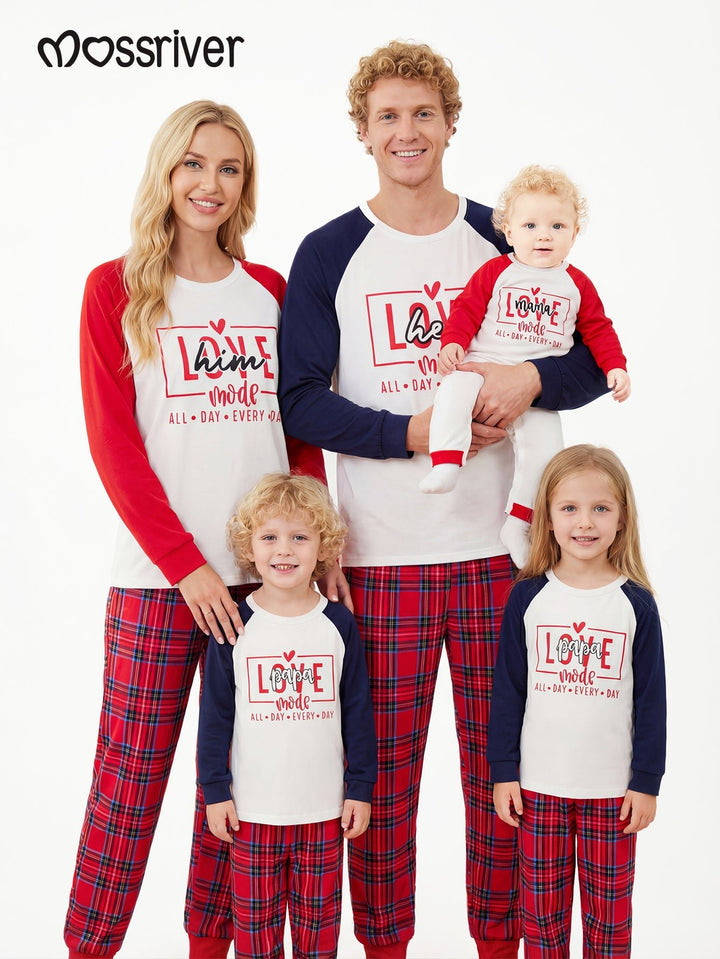 Valentine's Day family - themed long - sleeved pajamas, featuring the design of LOVE, heart, and grid pattern - MOSSRIVER