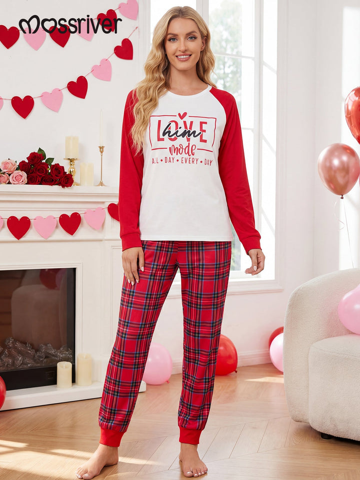 Valentine's Day family - themed long - sleeved pajamas, featuring the design of LOVE, heart, and grid pattern - MOSSRIVER