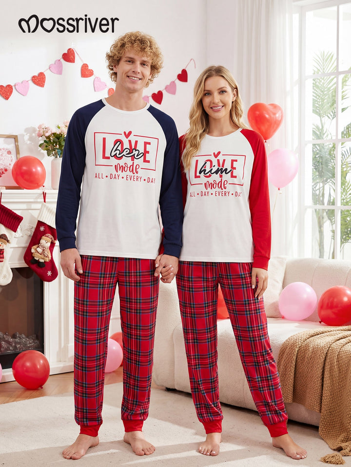 Valentine's Day family - themed long - sleeved pajamas, featuring the design of LOVE, heart, and grid pattern - MOSSRIVER