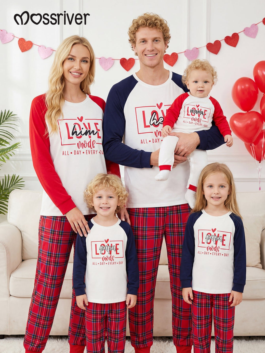 Valentine's Day family - themed long - sleeved pajamas, featuring the design of LOVE, heart, and grid pattern - MOSSRIVER