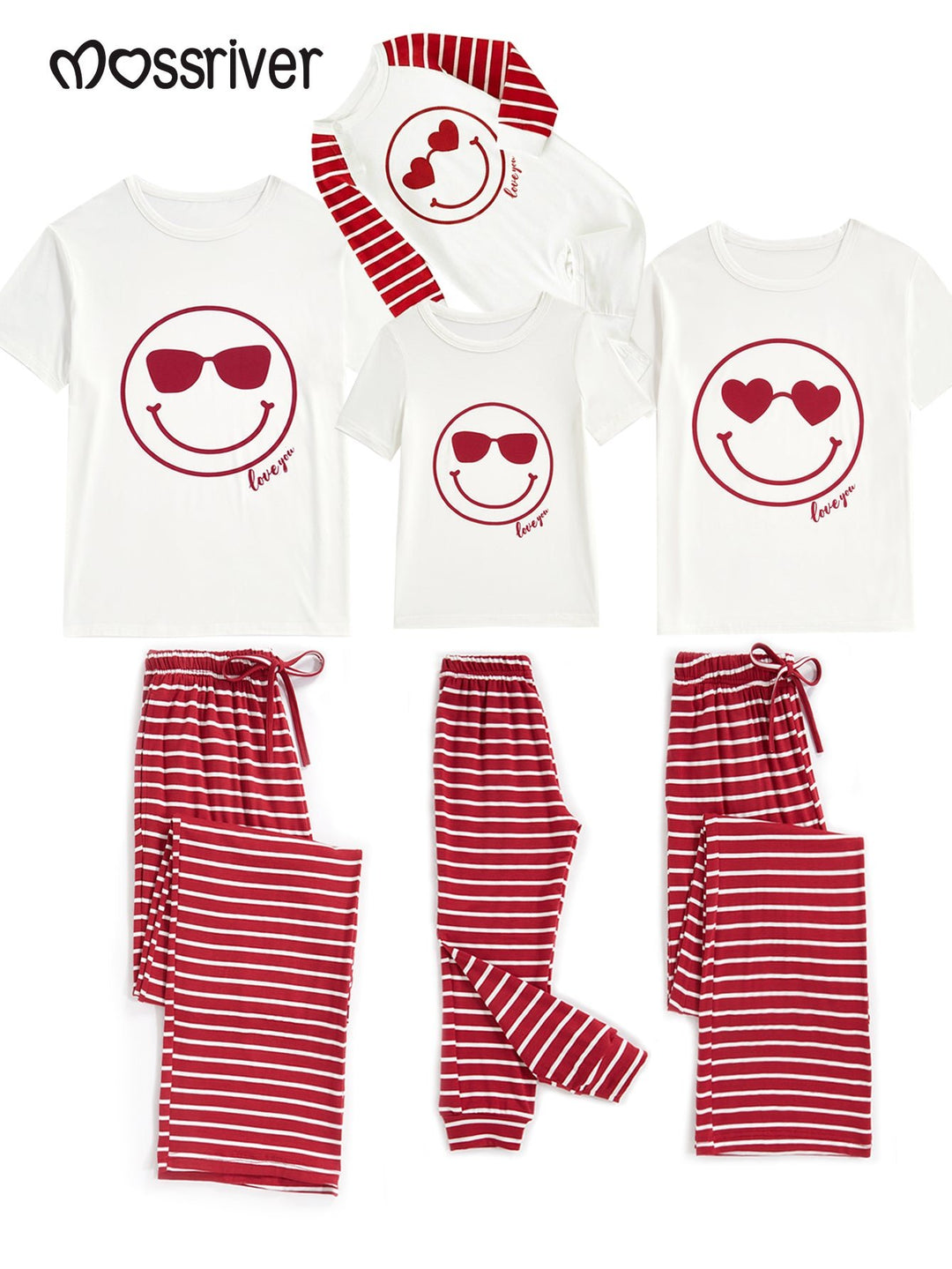 Valentine's Day family - themed short - sleeved pajamas, featuring designs of hearts, smiling faces, sunglasses, and striped patterns - MOSSRIVER