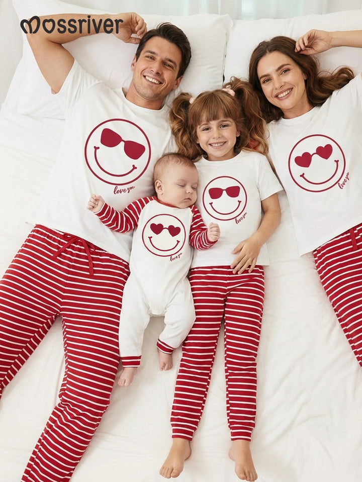 Valentine's Day family - themed short - sleeved pajamas, featuring designs of hearts, smiling faces, sunglasses, and striped patterns - MOSSRIVER