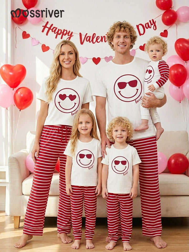 Valentine's Day family - themed short - sleeved pajamas, featuring designs of hearts, smiling faces, sunglasses, and striped patterns - MOSSRIVER