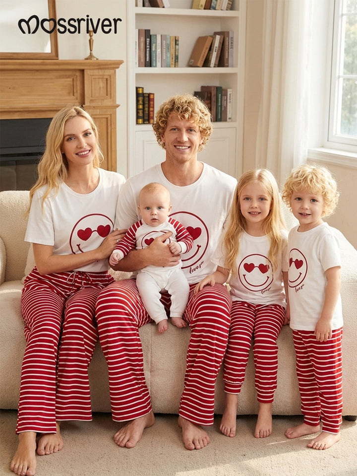 Valentine's Day family - themed short - sleeved pajamas, featuring designs of hearts, smiling faces, sunglasses, and striped patterns - MOSSRIVER
