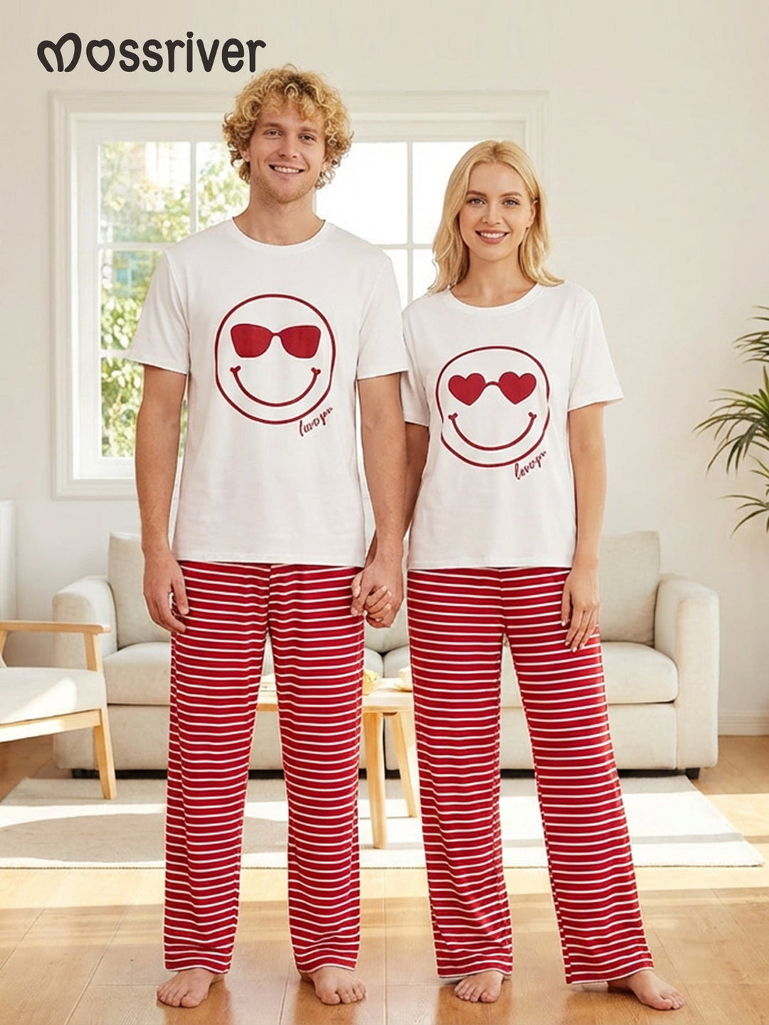 Valentine's Day family - themed short - sleeved pajamas, featuring designs of hearts, smiling faces, sunglasses, and striped patterns - MOSSRIVER