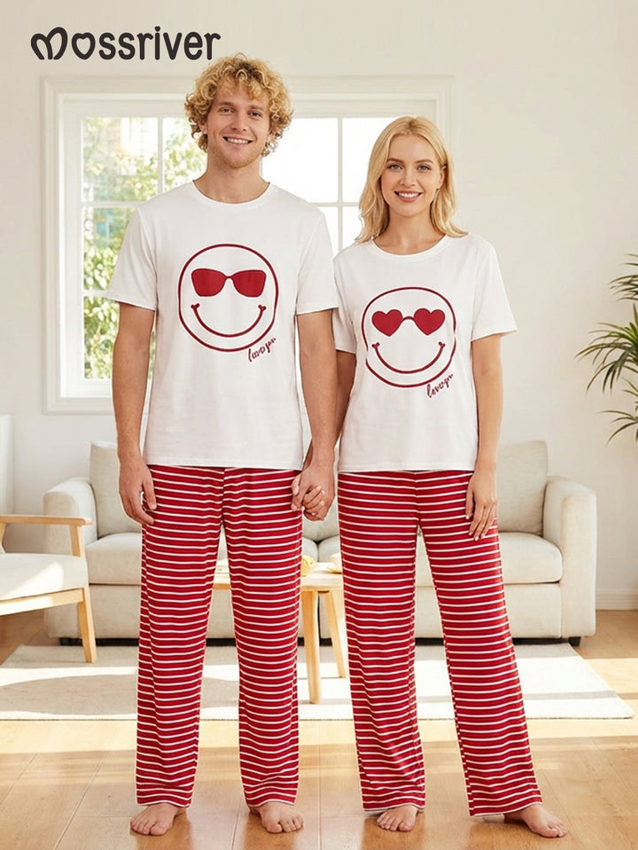 Valentine's Day family - themed short - sleeved pajamas, featuring designs of hearts, smiling faces, sunglasses, and striped patterns - MOSSRIVER
