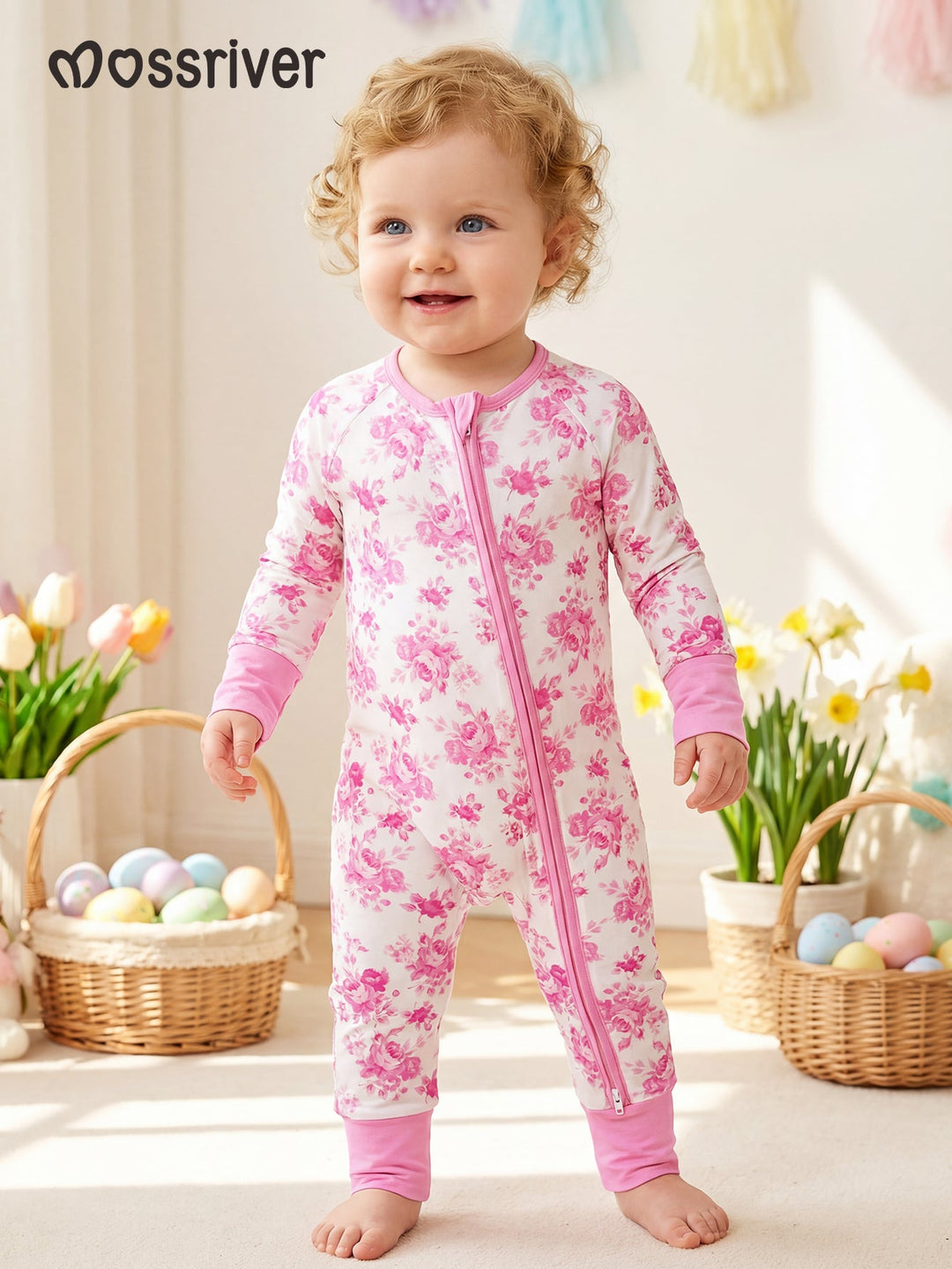 Valentine's Floral Footies Mitten Long - Sleeve Baby One - Piece Double Zipper - MOSSRIVER