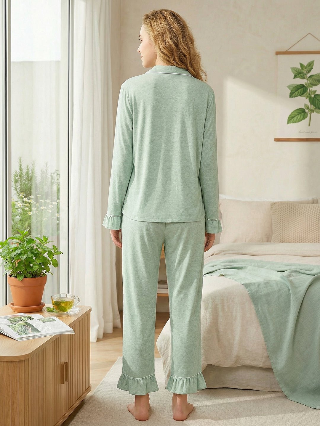 Women Bamboo Viscose Pajama Sets Ruffled Cuff Hem Long Sleeve Fancy Yarn 2 Piece Loungewear Loose Fit Drop Shoulder - MOSSRIVER